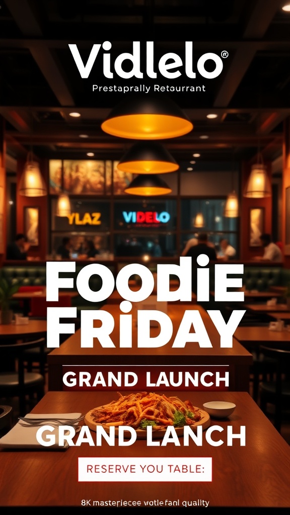 A high-end, commercial-grade restaurant advertisement for the brand "VidLelo". Authentic flavours and a vibrant ambience. Best-in-class dining experience. Reserve your table.. The lighting is cinematic and professional. The headline "Foodie Friday | Grand Launch 🍔" is rendered in a clean, bold, modern typeface that looks professionally designed. 8k resolution, sharp focus, masterpiece quality.