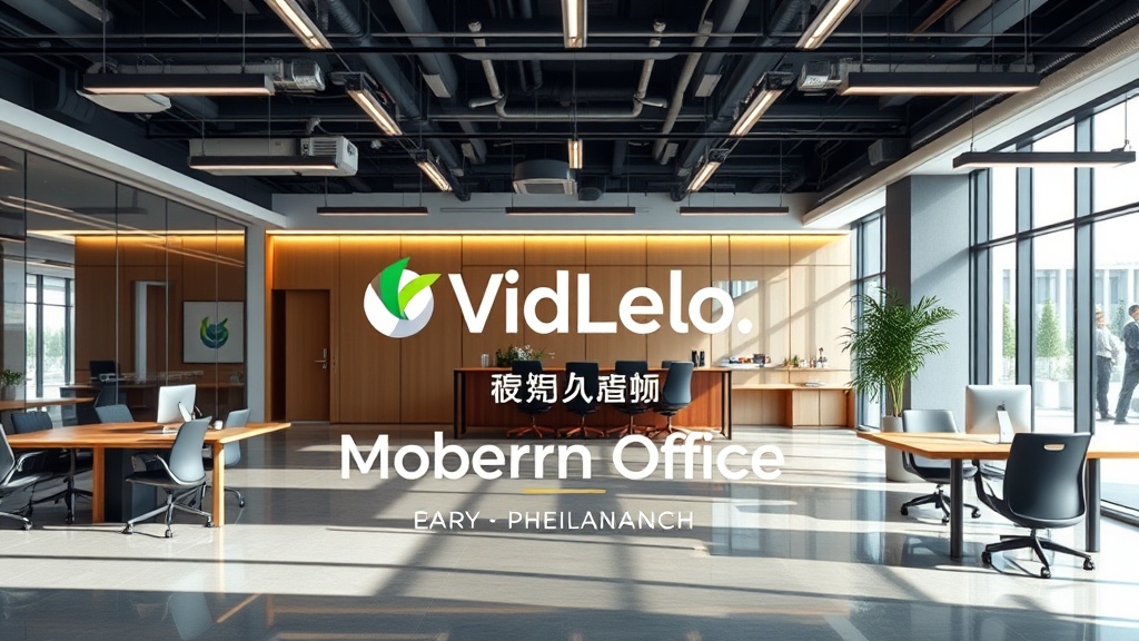 A visually stunning, commercial-grade general advertisement image. Professional workspace with premium amenities. Best-in-class infrastructure for growing teams.. The brand name "VidLelo" is displayed elegantly. The main headline is "Modern Office | Grand Launch 💼". Visual style: breathtaking photorealistic lighting, crisp details, highly professional commercial photography, clean composition.