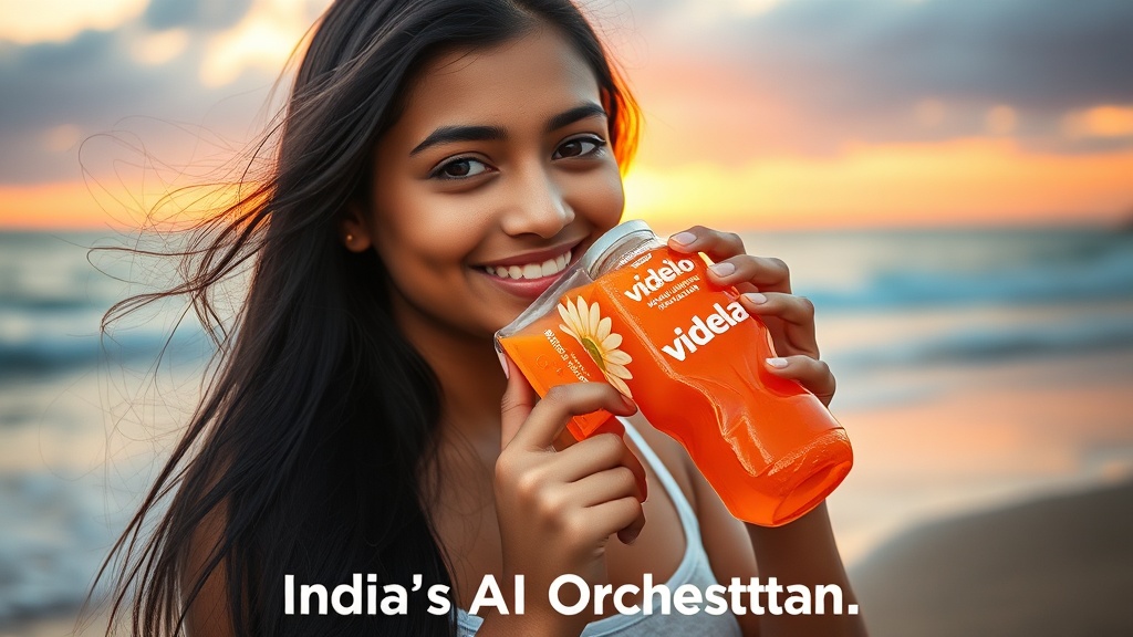 A beautiful teenage Bengali girl standing on a sea shore during golden hour, natural medium Indian skin tone, long straight black hair flowing in the ocean breeze, soft strands gently touching her face, subtle natural makeup, warm smile, holding and sipping from a transparent orange juice bottle labeled “VidLelo” (brand name clearly visible and readable), fresh vibrant orange liquid inside the bottle, condensation droplets on bottle surface for realism, relaxed influencer pose, candid lifestyle moment, cinematic sunset beach background with soft waves, vertical 9:16 frame for Instagram reel, DSLR-quality photography, shallow depth of field, realistic human skin texture, natural pores, authentic lighting, warm golden glow, brand-focused composition
Text overlay: “India’s AI Orchestrator” – clean modern bold typography, premium startup branding style, placed top or bottom center