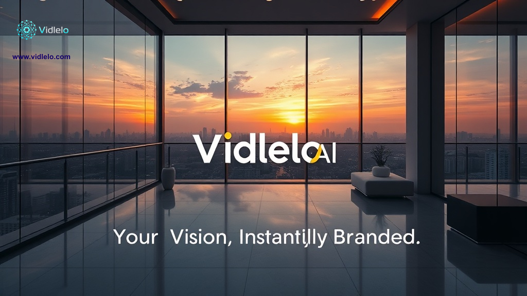 A visually stunning, commercial-grade real-estate advertisement image. A luxury modern penthouse interior in Mumbai at sunset, large glass windows showing the city skyline, cinematic lighting, ultra-realistic, 8k resolution, minimalist aesthetic, professional photography.. The brand logo "Vidlelo AI" is displayed elegantly. Typography Instructions: The main headline is exactly: "Your Vision, Instantly Branded.". Language: English. Visual style: breathtaking photorealistic lighting, highly professional commercial photography, clean composition.