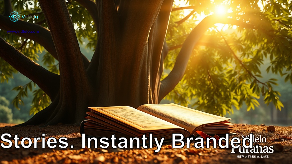 A visually stunning, commercial-grade real-estate advertisement image. A magnificent, detailed 3D render of a sacred Indian scripture 'Pothi' with gilded pages, sitting under a mystical banyan tree. Soft, warm rays of light are breaking through the leaves. Vibrant, cinematic lighting. Ultra-realistic, 8k resolution, photorealistic quality. Composition is minimalist and premium. Leave space in the bottom right corner for branding.. The brand logo "Vidlelo Puranas" is displayed elegantly. Do not render any headline or text; keep the lower third of the image clear and uncluttered for a text overlay. Language: English. Visual style: breathtaking photorealistic lighting, highly professional commercial photography, clean composition.