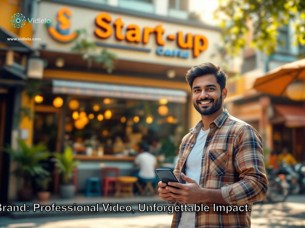 A visually stunning, commercial-grade general advertisement image. A hyper-realistic cinematic shot of a young Indian entrepreneur standing proudly in front of a modern, colorful 'Start-up' cafe in a bustling street of Bangalore. He is holding a smartphone displaying a professional video. The background shows a mix of traditional Indian architecture and modern tech vibes. Soft morning sunlight, sharp focus on the person, professional photography style. Leave the bottom right corner clean for branding.. Do not render any headline or text; keep the lower third of the image clear and uncluttered for a text overlay. Language: English. Visual style: breathtaking photorealistic lighting, highly professional commercial photography, clean composition.