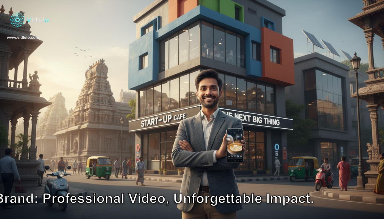 A visually stunning, commercial-grade general advertisement image. A hyper-realistic cinematic shot of a young Indian entrepreneur standing proudly in front of a modern, colorful 'Start-up' cafe in a bustling street of Bangalore. He is holding a smartphone displaying a professional video. The background shows a mix of traditional Indian architecture and modern tech vibes. Soft morning sunlight, sharp focus on the person, professional photography style. Leave the bottom right corner clean for branding.. Professional ad style. Do not render any headline or text; keep the lower third clear for a text overlay. Visual style: breathtaking photorealistic lighting, highly professional commercial photography, English language only.