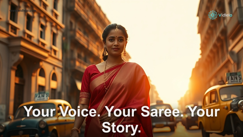 A visually stunning, commercial-grade general advertisement image. A hyper-realistic cinematic portrait of a young Indian woman in a traditional red and gold silk saree, walking gracefully down a historic North Kolkata street at golden hour. Classic yellow ambassador taxis are parked in the background. She is positioned in the center-lower 60% of the frame. The upper 40% of the image must be a clear, minimalist sky and colonial building facade with no subjects, perfectly optimized for text placement. High-end fashion photography style, soft sun flares, 8k resolution.. Do not render any headline or text. Subject must be positioned in the lower 60% of the frame (Rule of Thirds), leaving the entire upper sky/background empty for text. Language: English. Visual style: breathtaking photorealistic lighting, highly professional commercial photography, clean composition.