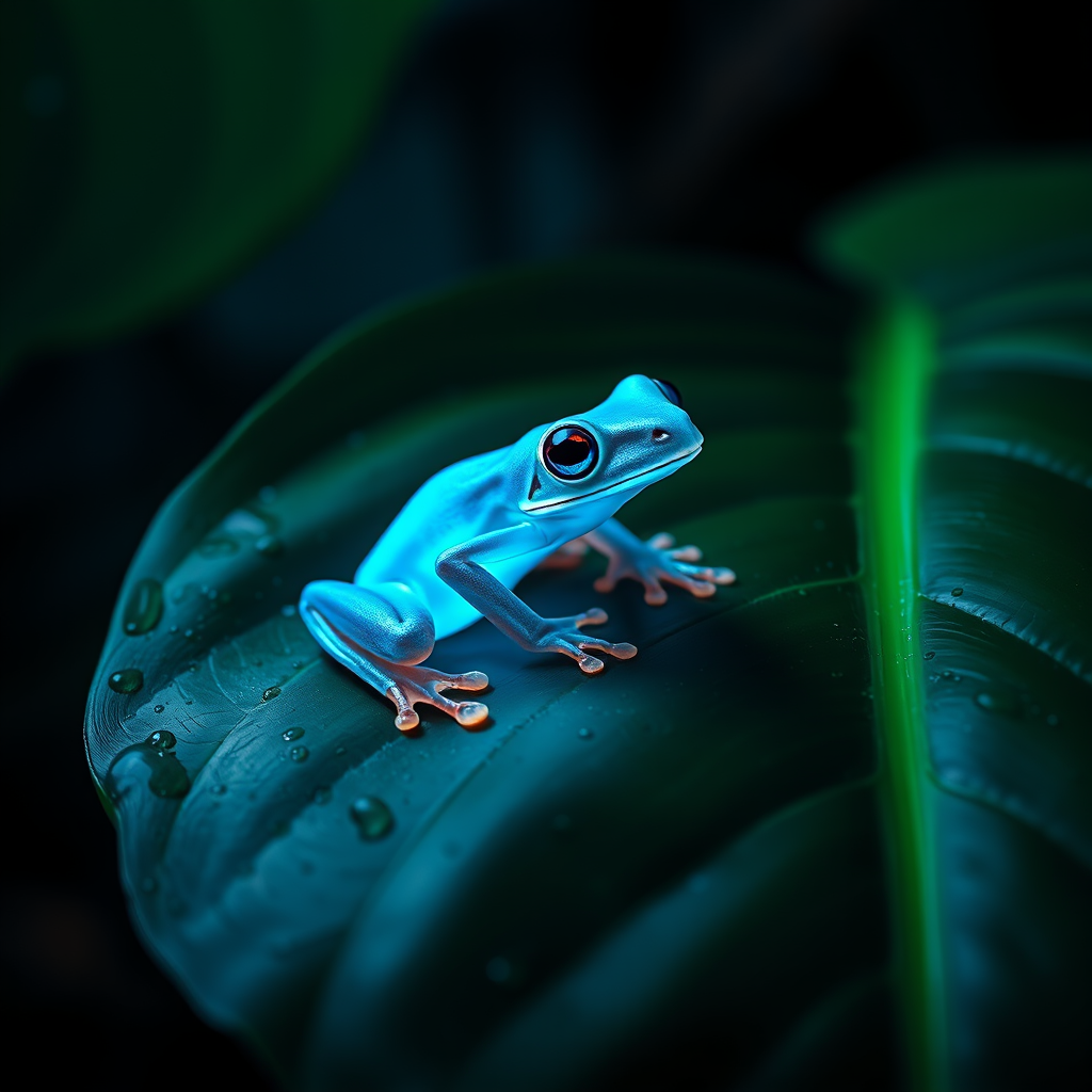 A breathtaking macro photography shot of a tiny, translucent, glowing neon-blue tree frog sitting on a gigantic wet monstera leaf. Deep lush rainforest background, cinematic lighting, hyper-detailed, 8k resolution.